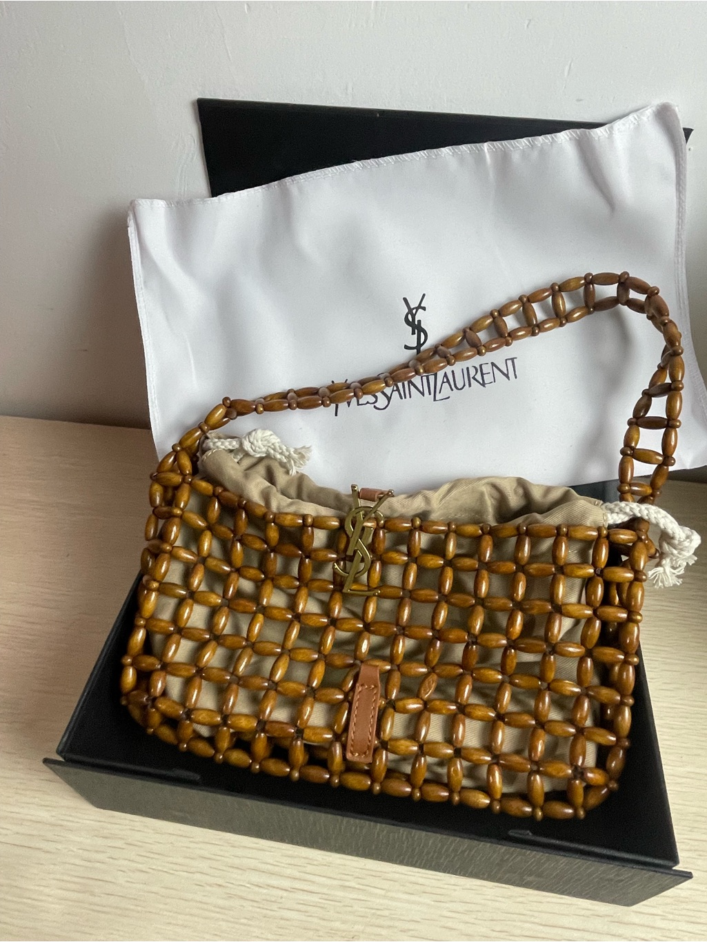 Saint Laurent Tan Beaded Shoulder Bag With Ysl Accent